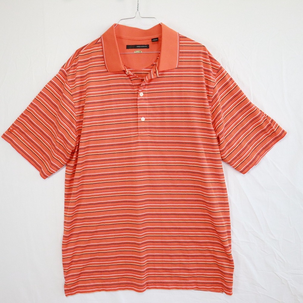 Greg Norman Polo Shirt Mens Large PlayDry Golf Orange Striped Short Sleeve